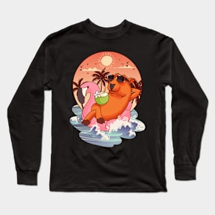 Retro 80s 90s Flamingo Pool Men Kids Women Funny Capybara Long Sleeve T-Shirt